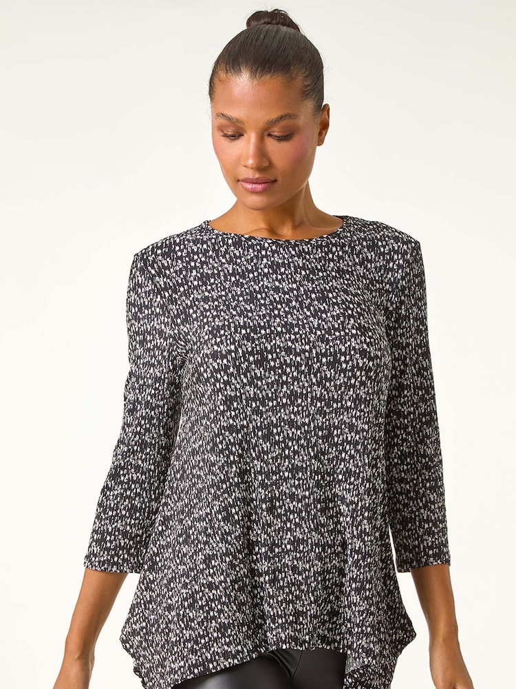 Roman Grey Printed Plisse Hanky Hem Tunic Stretch Top - Image 1 of 6