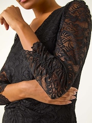 Roman Black Corded Lace Midi Dress - Image 4 of 5