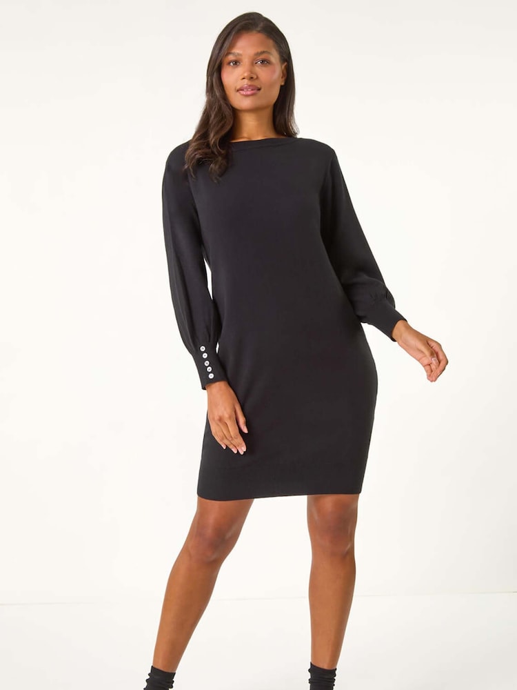 Roman Black Button Detail Slash Neck Knitted Stretch Jumper Dress - Image 1 of 5