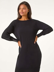Roman Black Button Detail Slash Neck Knitted Stretch Jumper Dress - Image 2 of 5