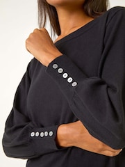 Roman Black Button Detail Slash Neck Knitted Stretch Jumper Dress - Image 5 of 5