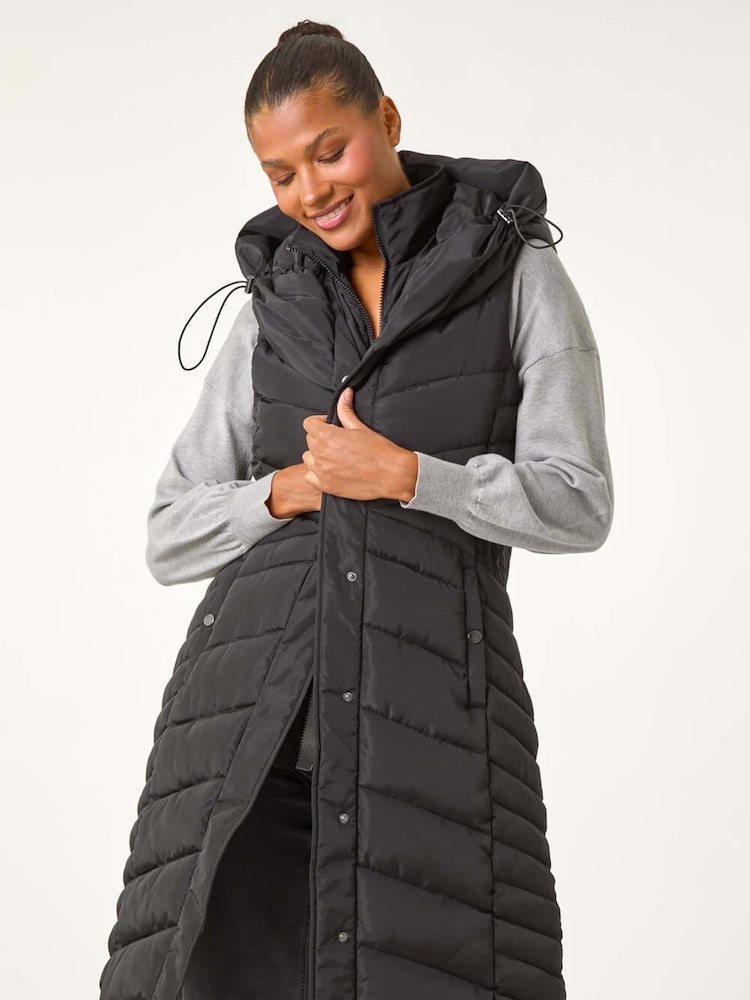 Roman Black Chevron Quilted Hooded Gilet - Image 1 of 7