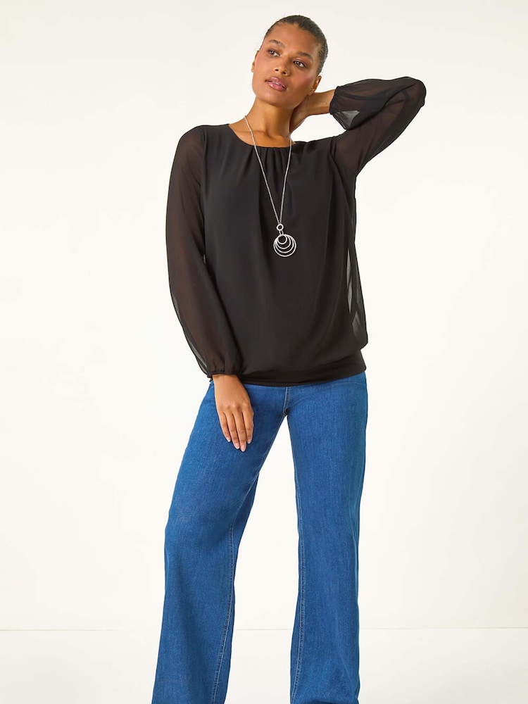 Roman Black Chiffon Banded Hem Pleated Top - Image 1 of 6