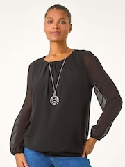 Roman Black Chiffon Banded Hem Pleated Top - Image 3 of 6