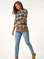 Roman Brown Ikat Border Hem Stretch Top - Image 1 of 5