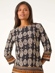 Roman Brown Ikat Border Hem Stretch Top - Image 2 of 5