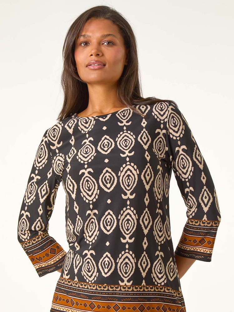 Roman Brown Ikat Border Hem Stretch Top - Image 2 of 5