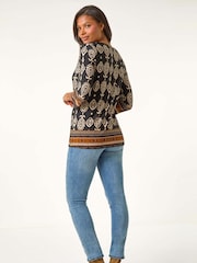 Roman Brown Ikat Border Hem Stretch Top - Image 3 of 5