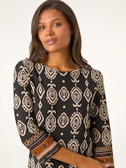 Roman Brown Ikat Border Hem Stretch Top - Image 4 of 5