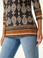 Roman Brown Ikat Border Hem Stretch Top - Image 5 of 5