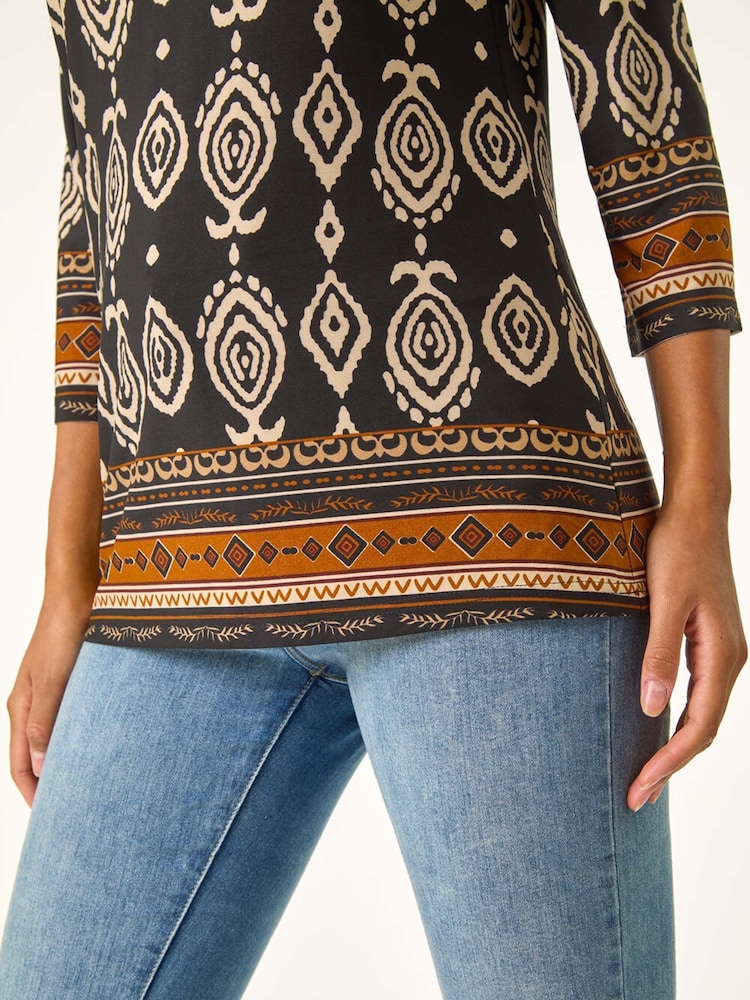 Roman Brown Ikat Border Hem Stretch Top - Image 5 of 5