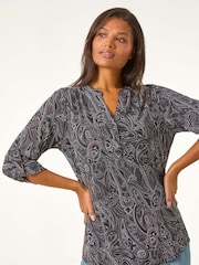 Roman Grey Textured Paisley Print Stretch Blouse - Image 1 of 5