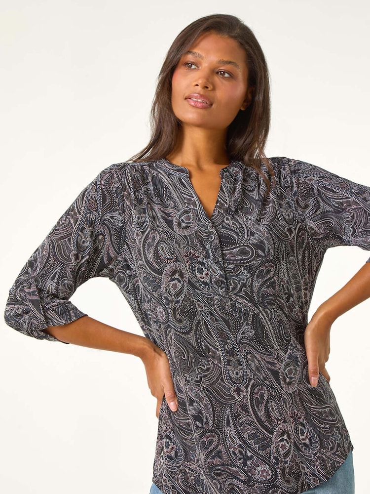 Roman Grey Textured Paisley Print Stretch Blouse - Image 1 of 5