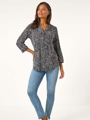 Roman Grey Textured Paisley Print Stretch Blouse - Image 2 of 5