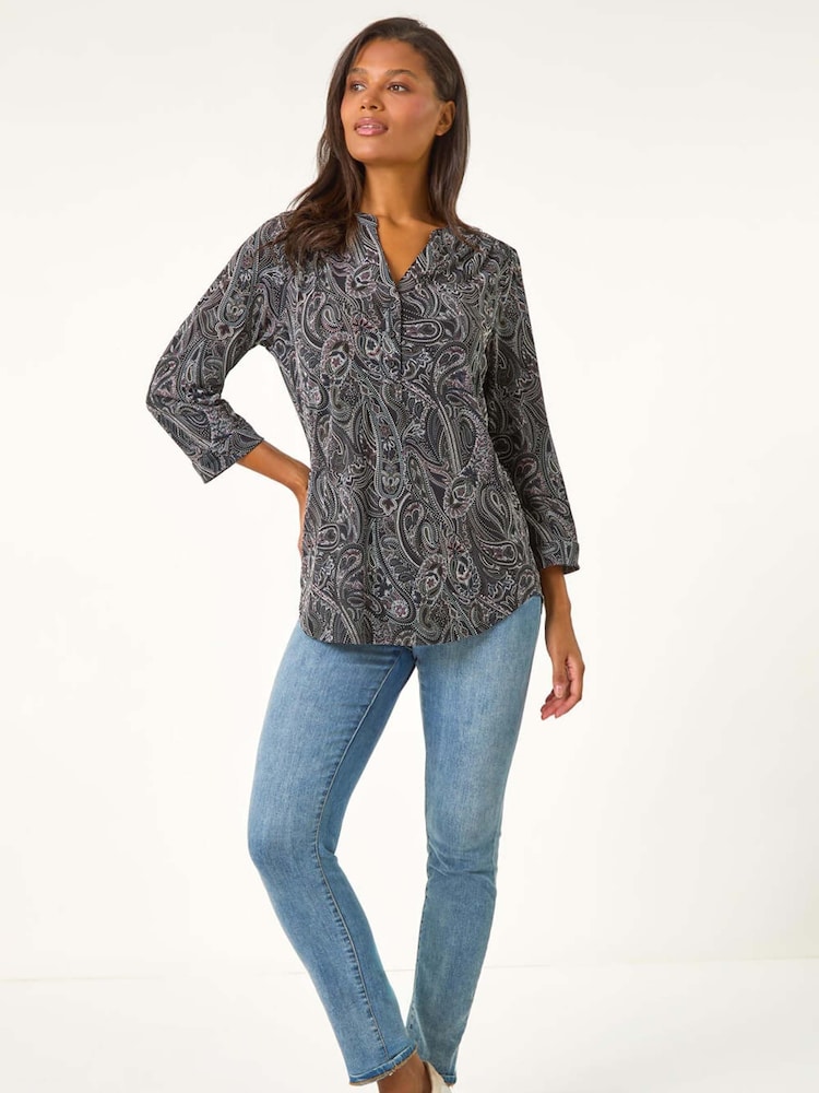 Roman Grey Textured Paisley Print Stretch Blouse - Image 2 of 5