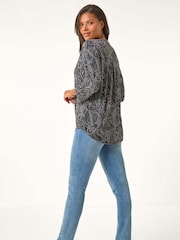 Roman Grey Textured Paisley Print Stretch Blouse - Image 3 of 5