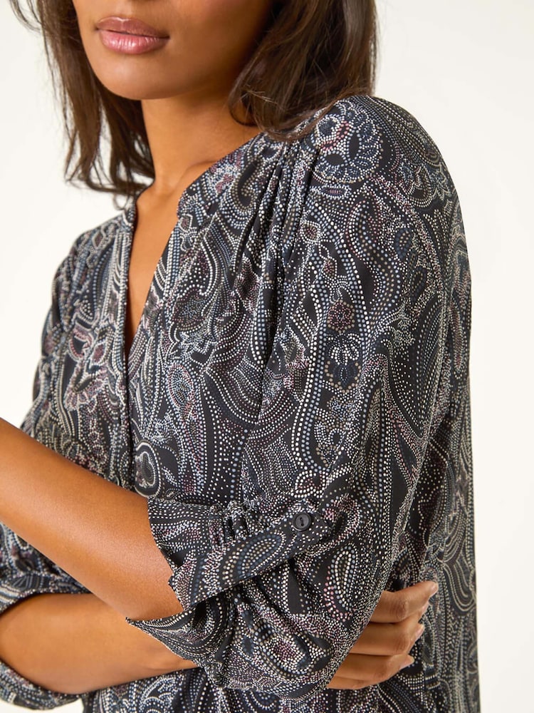 Roman Grey Textured Paisley Print Stretch Blouse - Image 5 of 5