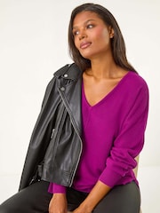Roman Purple Soft V-Neck Side Split Knit Sweater - Image 1 of 5