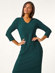 Roman Green Textured V-Neck Stretch A-Line Dress - Image 2 of 5