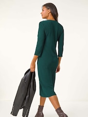 Roman Green Textured V-Neck Stretch A-Line Dress - Image 3 of 5
