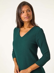 Roman Green Textured V-Neck Stretch A-Line Dress - Image 4 of 5