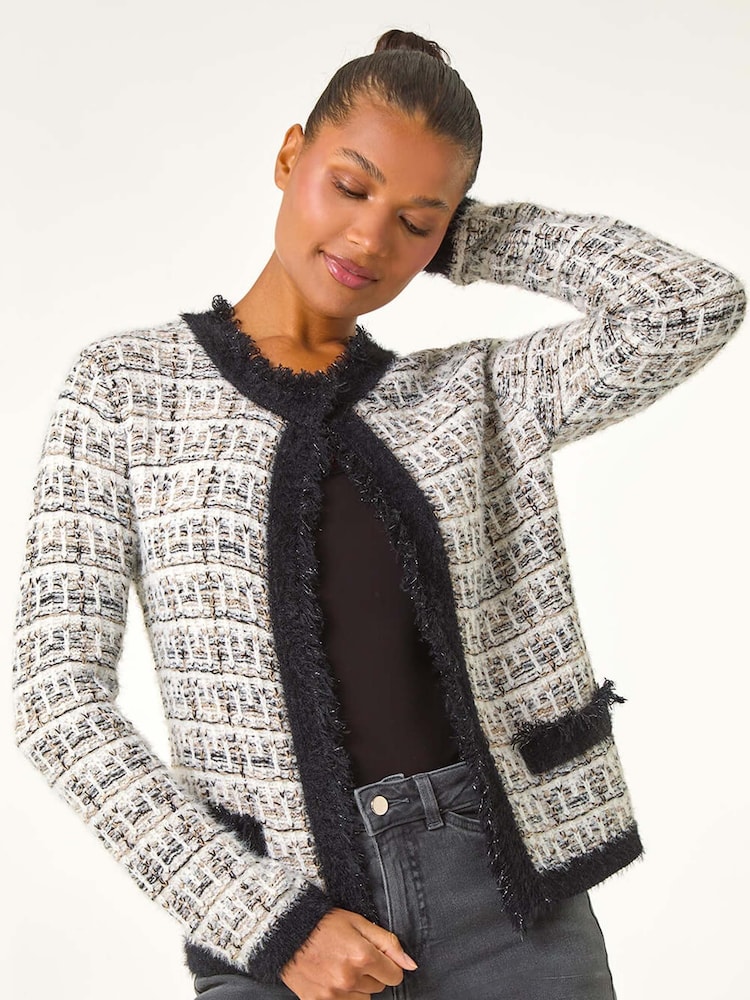 Roman White Textured Boucle Knit Cardigan - Image 1 of 6 Roman White Textured Boucle Knit Cardigan - Image 1 of 6