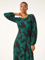 Roman Green Ditsy Floral Gathered Stretch Dress - Image 4 of 6
