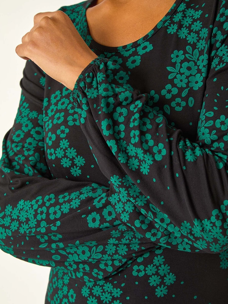 Roman Green Ditsy Floral Gathered Stretch Dress - Image 6 of 6