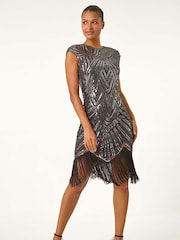 Roman Metallic Sleeveless Art Deco Sequin Tassel Bodycon Dress - Image 3 of 5