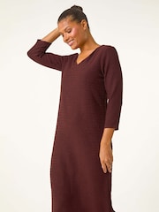 Roman Brown Textured V-Neck Stretch A-Line Dress - Image 1 of 5