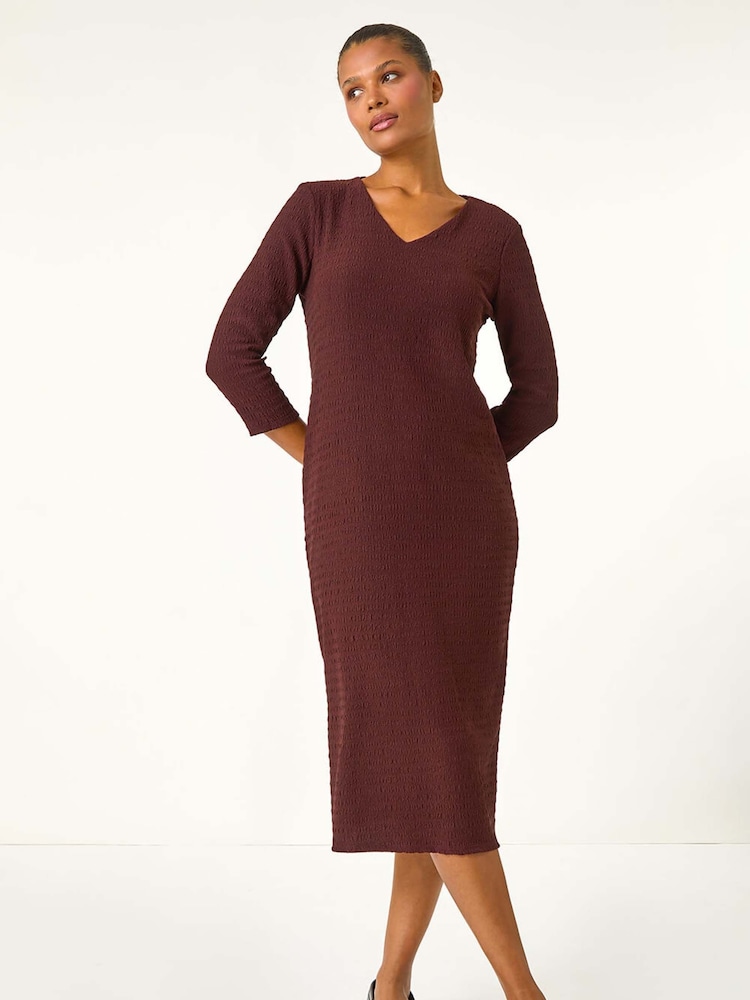 Roman Brown Textured V-Neck Stretch A-Line Dress - Image 2 of 5