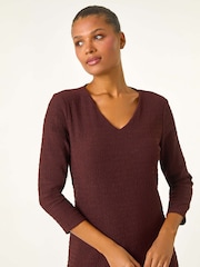 Roman Brown Textured V-Neck Stretch A-Line Dress - Image 4 of 5