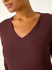 Roman Brown Textured V-Neck Stretch A-Line Dress - Image 5 of 5