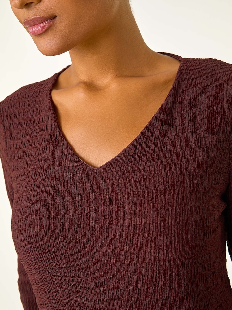 Roman Brown Textured V-Neck Stretch A-Line Dress - Image 5 of 5