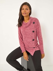 Roman Red Cowl Neck Buttoned Top - Image 1 of 5
