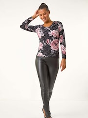 Roman Floral Print Cowl Neck Sequin Top - Imagen 1 de 5