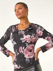 Roman Floral Print Cowl Neck Sequin Top - Imagen 2 de 5