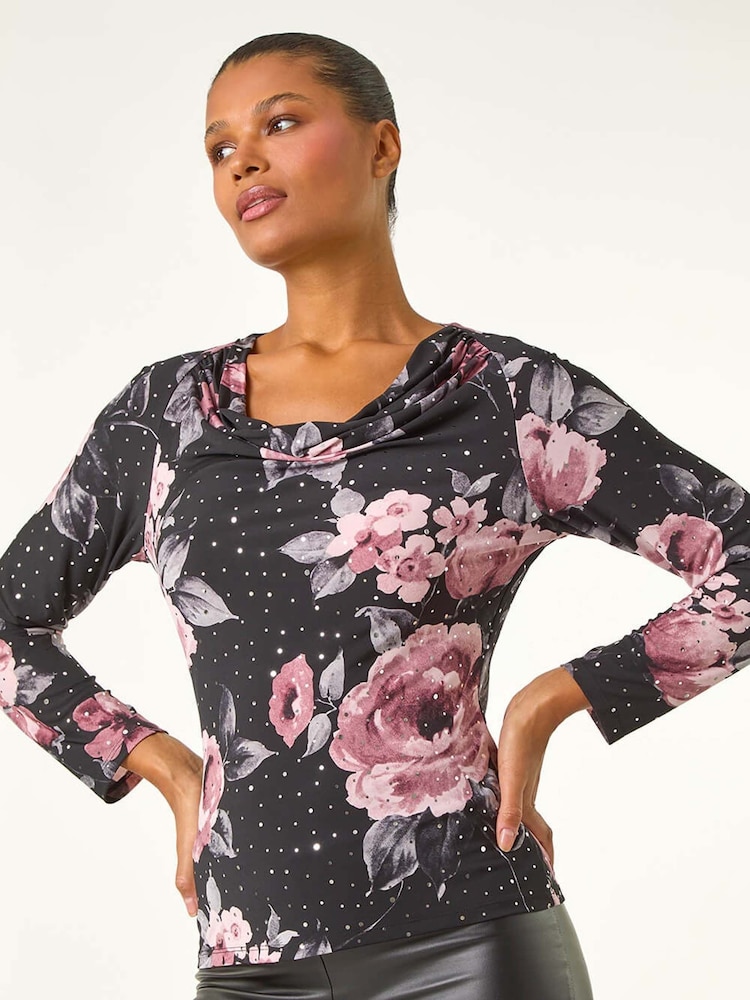 Roman Floral Print Cowl Neck Sequin Top - Imagen 2 de 5 Roman Floral Print Cowl Neck Sequin Top - Imagen 2 de 5