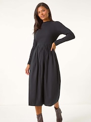Roman Black Cotton Stretch Jersey Mix Midi Dress - Image 1 of 5
