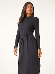Roman Black Cotton Stretch Jersey Mix Midi Dress - Image 2 of 5
