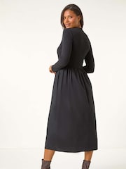 Roman Black Cotton Stretch Jersey Mix Midi Dress - Image 3 of 5
