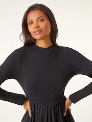 Roman Black Cotton Stretch Jersey Mix Midi Dress - Image 4 of 5