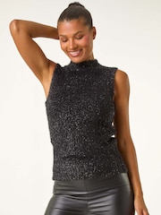 Negro - Roman Alto Neck Fluffy Knit Top - Imagen 2 de 5