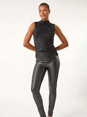 Negro - Roman Alto Neck Fluffy Knit Top - Imagen 4 de 5