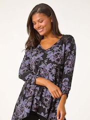 Roman Purple Crochet Trim Floral Print Top - Image 1 of 5