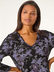 Roman Purple Crochet Trim Floral Print Top - Image 4 of 5