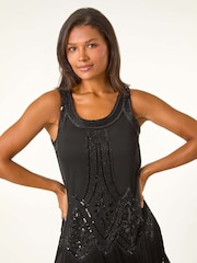 Negru - Rochie Romancu cu paiete și franjuri la tiv - Imaginea 4 din 5