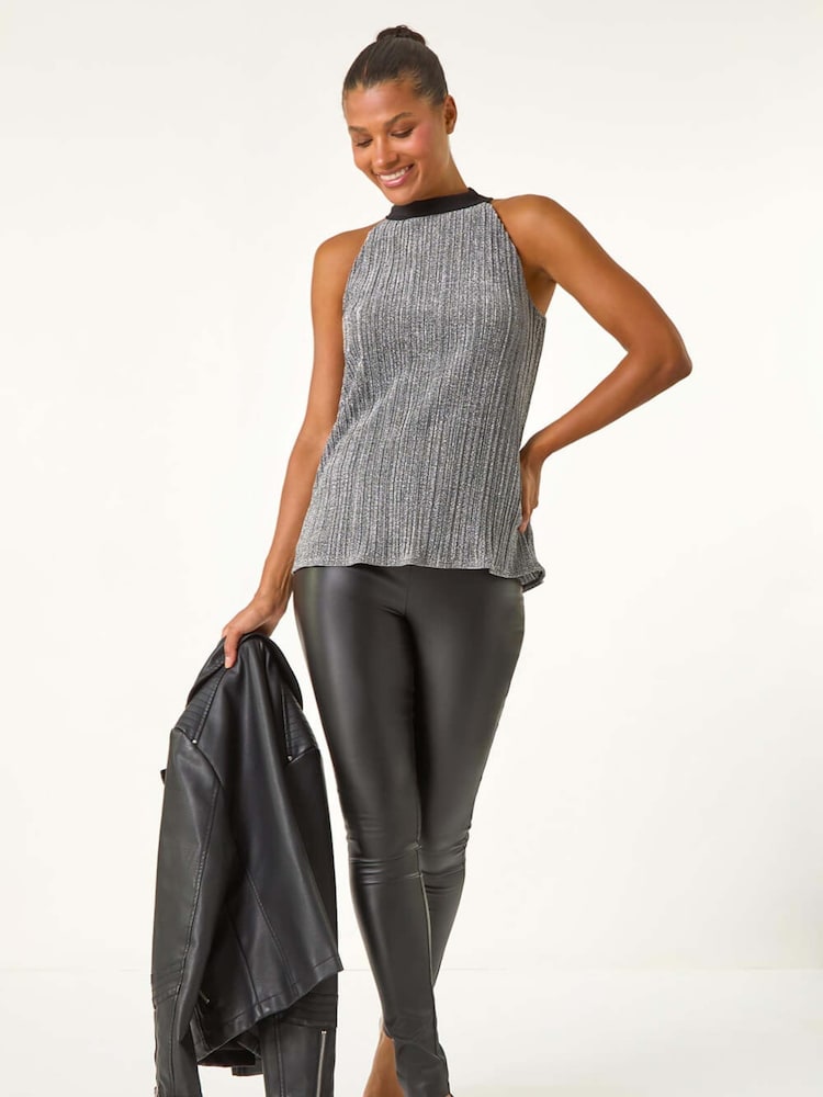 Roman Metallic Glitter Plisse Halter Neck Top - Image 1 of 6