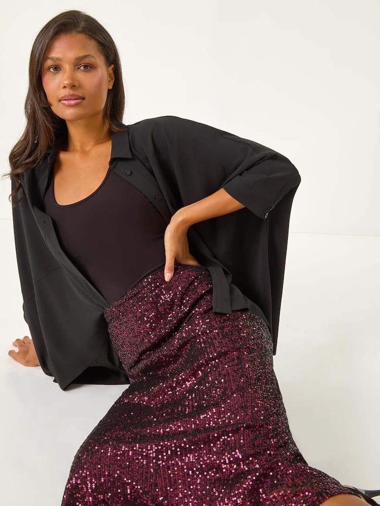 Roman Purple Fluted Hem Sequin Skirt - Image 1 of 5