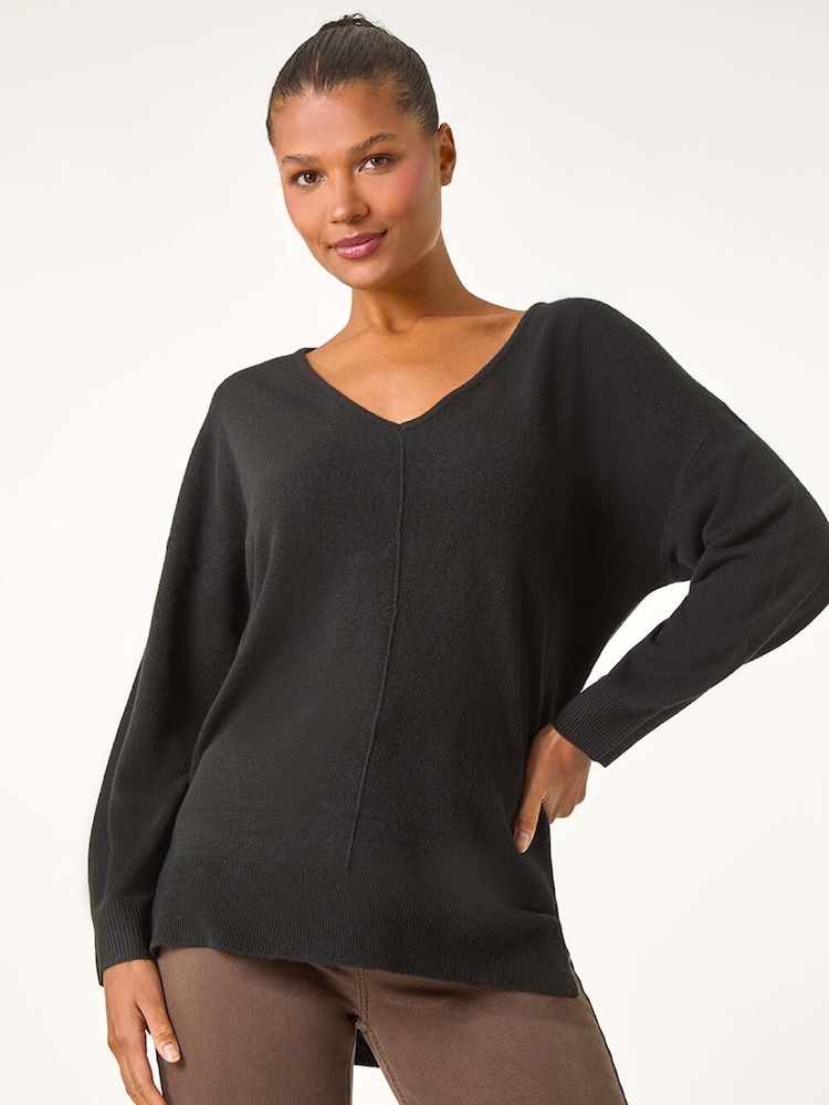 Roman Black Soft V-Neck Side Split Knit Sweater - Image 2 of 5